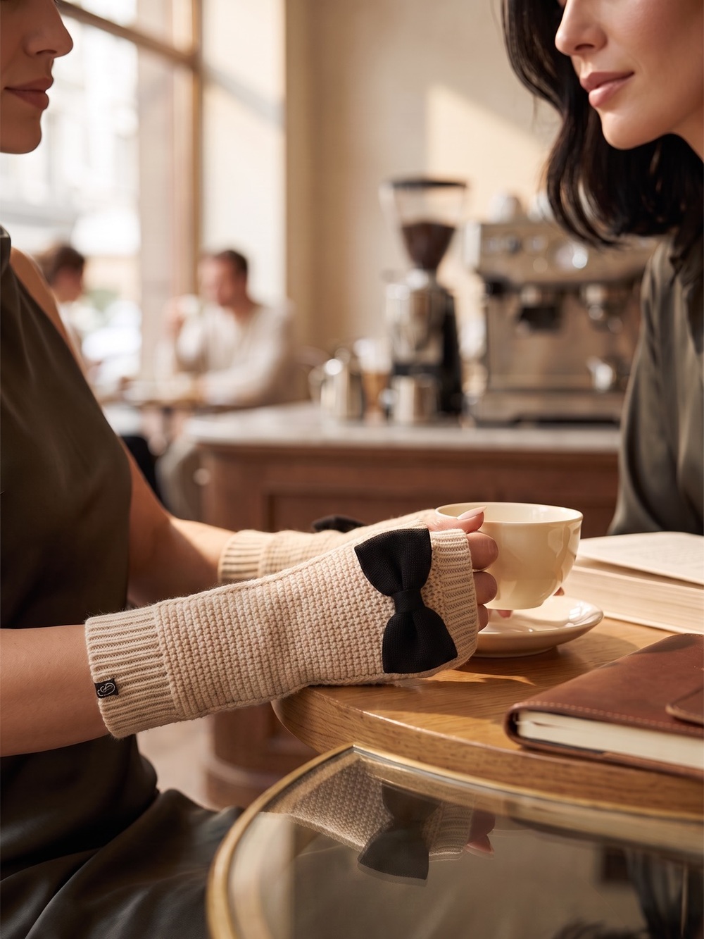 Beige Knit Fingerless Arm Warmers with Black Bow Accent